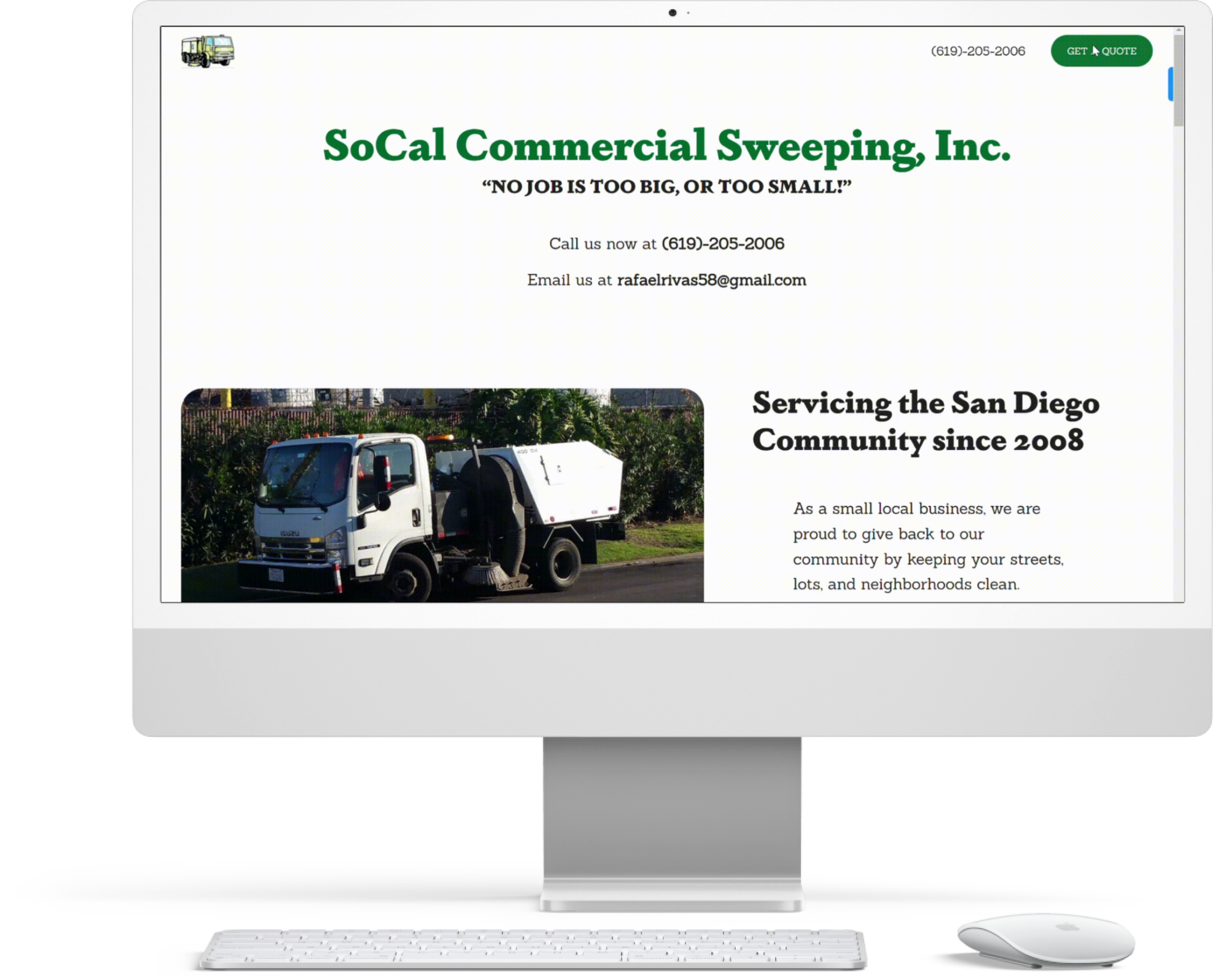 Desktop screen displaying a website for SoCal Commercial Sweeping, Inc., featuring contact information, a service vehicle image, and a message about serving the San Diego community since 2008. Includes a button to get a quote.