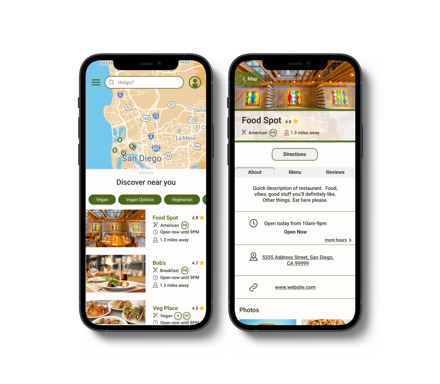 Two smartphones displaying a restaurant discovery app interface. The left phone shows a map of San Diego with restaurant options listed below featuring tags like vegan and vegetarian. The right phone displays details for "Food Spot," including ratings, a description, opening hours, address, and website link.