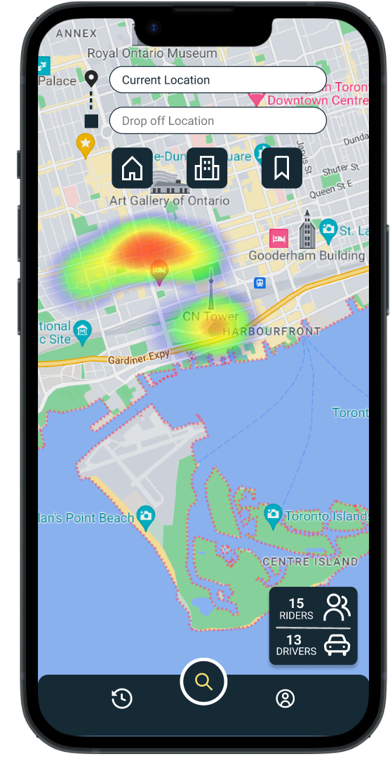Smartphone displaying a map app showing a heatmap around CN Tower in Toronto, with location input fields, navigation icons, and a count of 15 riders and 13 drivers.