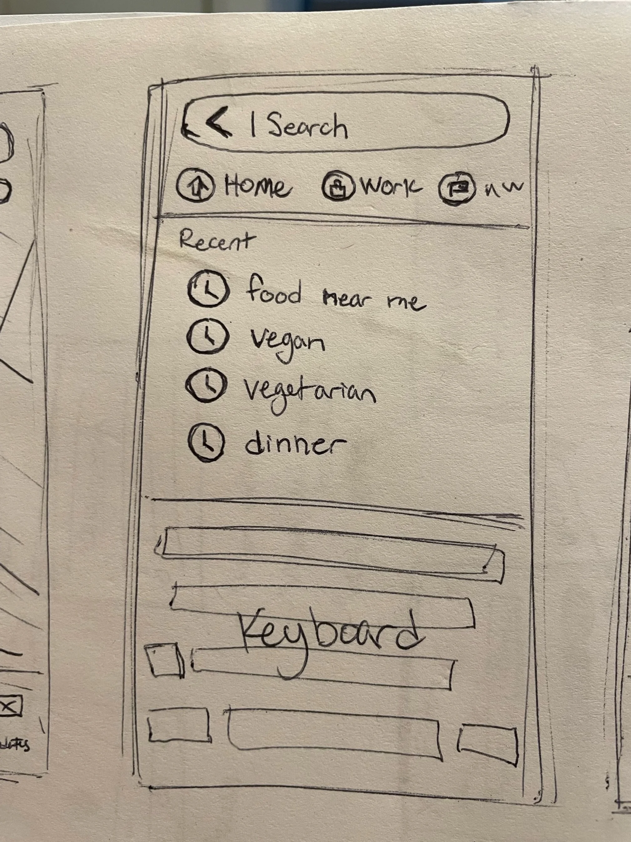 Sketch of a mobile search interface with search bar, home and work icons, recent searches including "food near me" and "vegan," and a keyboard illustration below.