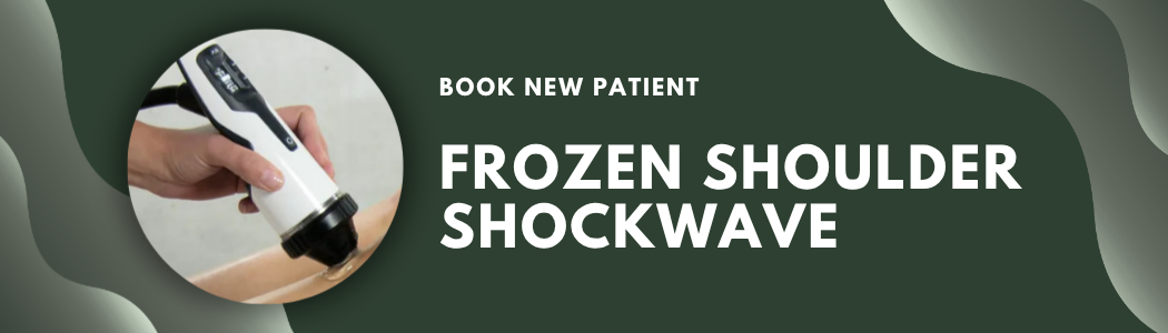 Image showing a handheld device used on a frozen shoulder with text about booking a new patient for a frozen shoulder shockwave treatment.