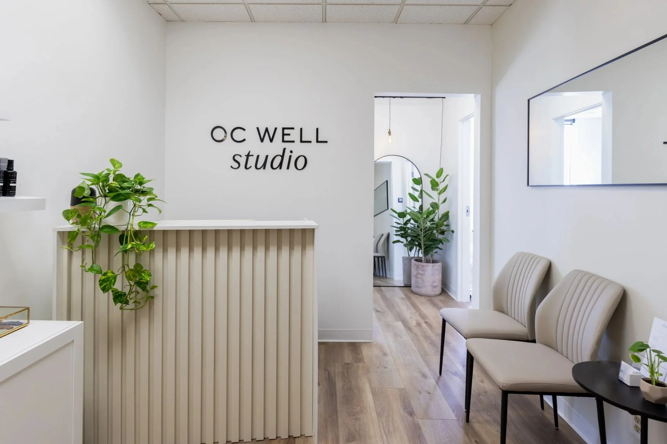 serene office space with neutral colors and live plants