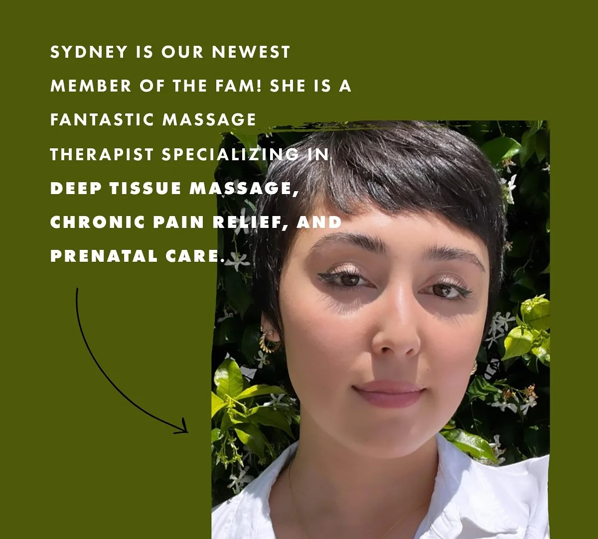 Please welcome our newest massage therapist, Sydney! ✨ 

Sydney is a bodyworker and somatic therapist specializing in deep tissue work, chronic pain relief, and prenatal massage. Her work is rooted in the belief that healing happens through presence&