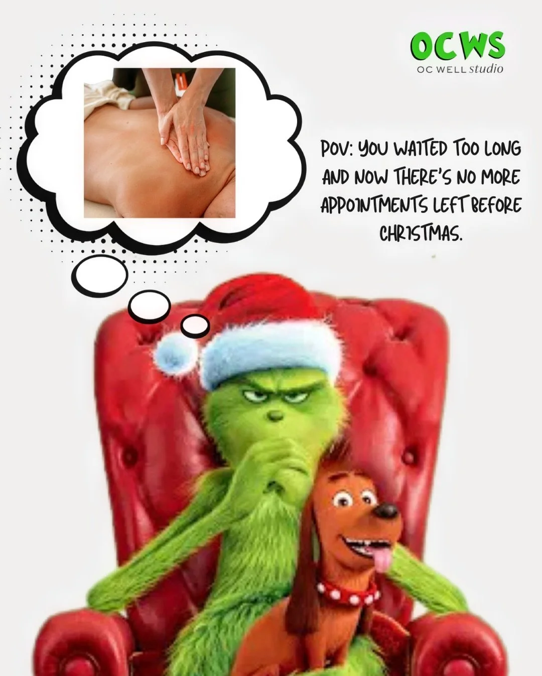 Don&rsquo;t be a Grinch at your holiday festivities this year because your back is bothering you. Appointments are filling up fast so act now to be a pleasant host or attendee this holiday season!🎄 

Book your massage, acupuncture treatment, chiropr