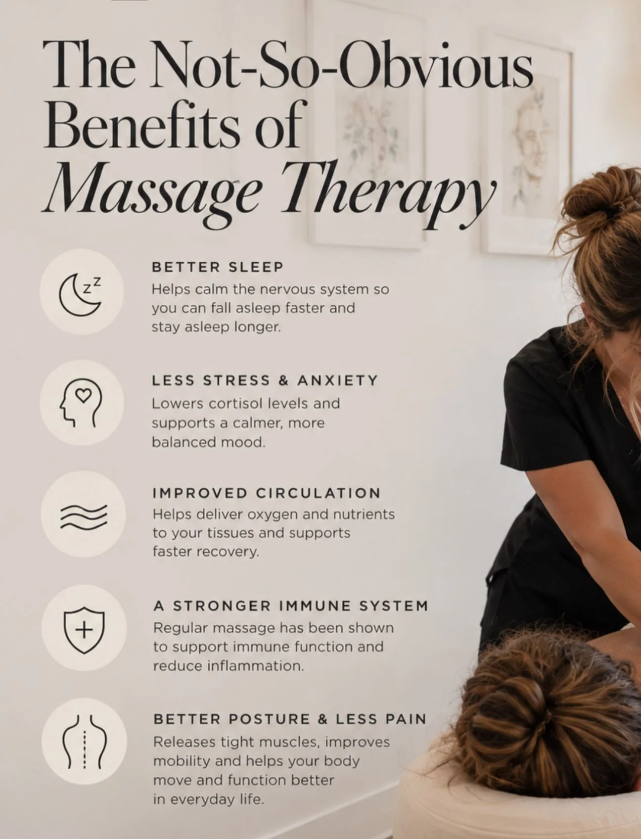 Massage isn&rsquo;t just about working out knots or treating yourself to an hour of relaxation. 💆&zwj;♀️

Some of the best benefits happen long after you get off the table.

We&rsquo;re talking better sleep, less stress, improved circulation, easier