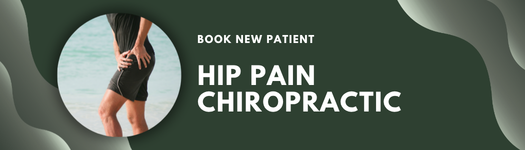 A person holding their lower back and side, standing outdoors near water, with a blurred background of trees and water, promoting hip pain chiropractic services.
