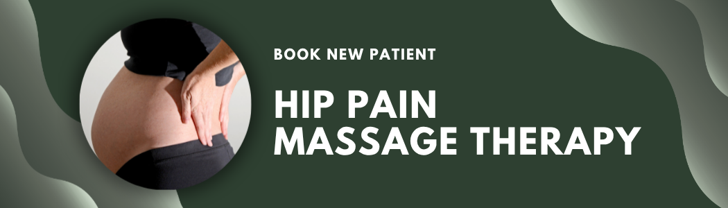 Close-up of a person receiving a hip massage, showing their hip and hand, with a dark background and text advertising hip pain massage therapy.