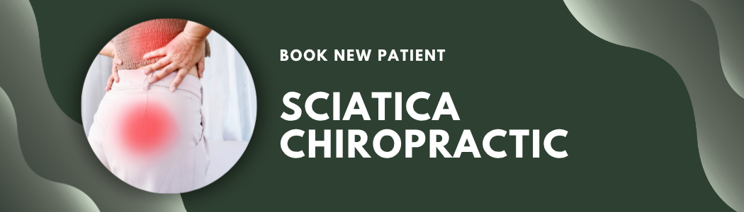 A person experiencing lower back pain, highlighted with a red glow in the lumbar region, with text promoting chiropractic services for sciatic pain.