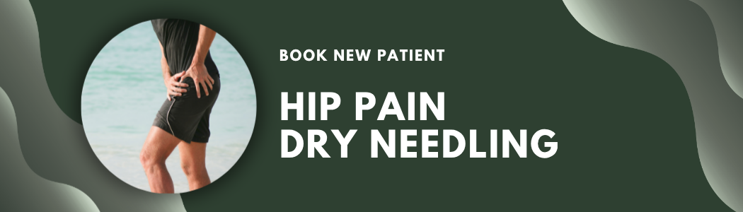 Poster with a man holding his hip in pain, promoting hip pain dry needling for new patients.