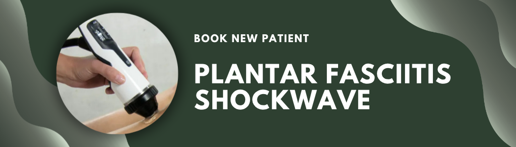 A healthcare professional uses a handheld device to perform a shockwave therapy on a patient's foot, with text promoting booking a new patient appointment for plantar fasciitis shockwave treatment.