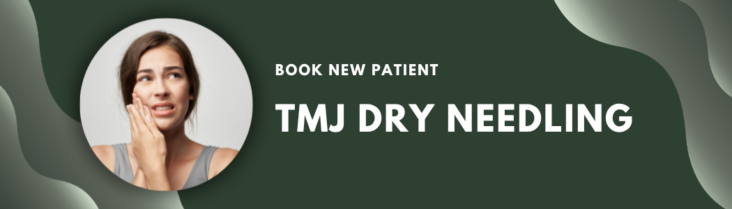 A woman with a concerned expression holding her cheek, with text promoting booking an appointment for TMJ dry needling.