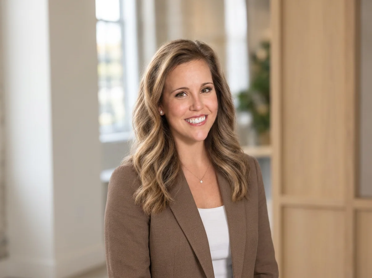 Smiling professional woman with long wavy hair wearing a brown blazer and white top indoors