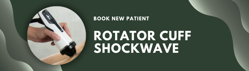 Illustration of a hand holding a medical device near a patient's arm, with text about booking a new patient appointment for a rotator cuff shockwave treatment.