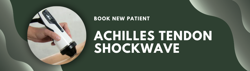 A healthcare professional performs Achilles tendon shockwave therapy on a patient using a handheld device, with text indicating it is for booking a new patient for Achilles tendon shockwave treatment.