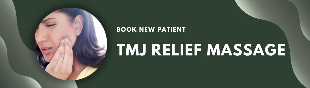 A woman holding her cheek with a pained expression, indicating discomfort, in a promotional graphic for TMJ relief massage services with text inviting new patients to book an appointment.