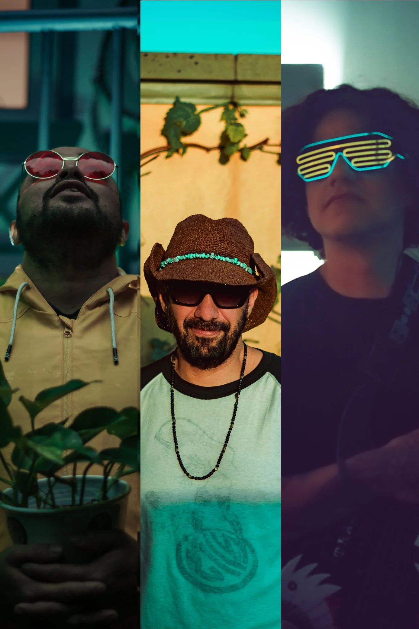 Three individuals wearing sunglasses, each in a different brightly colored setting, with a vertical split between them.