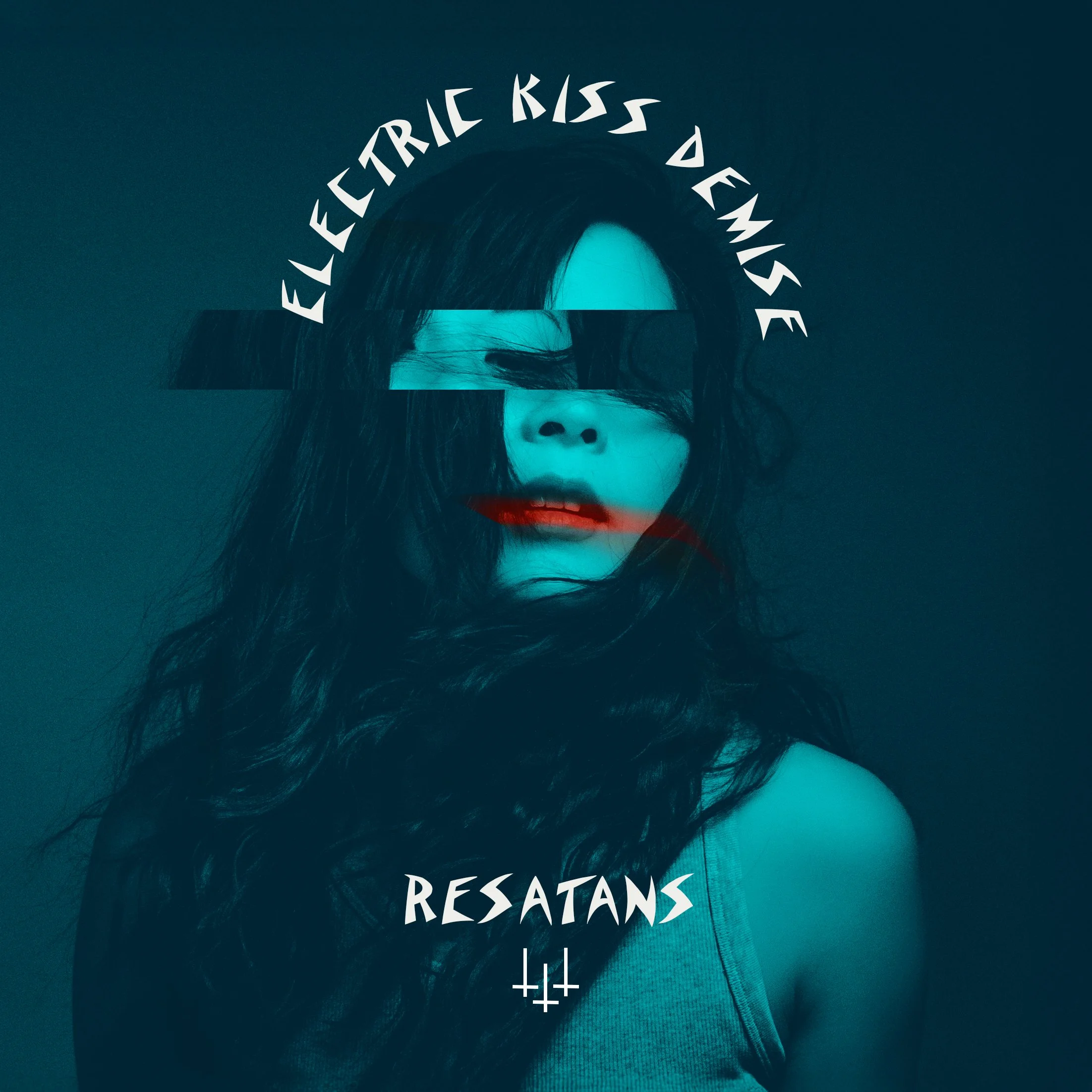 A woman with long dark hair and light skin, partially obscured by horizontal bands, against a dark background. The image has text that reads 'Electronic Kiss Demise' curved at the top and 'Resatans' at the bottom, with a small graphic symbol below.
