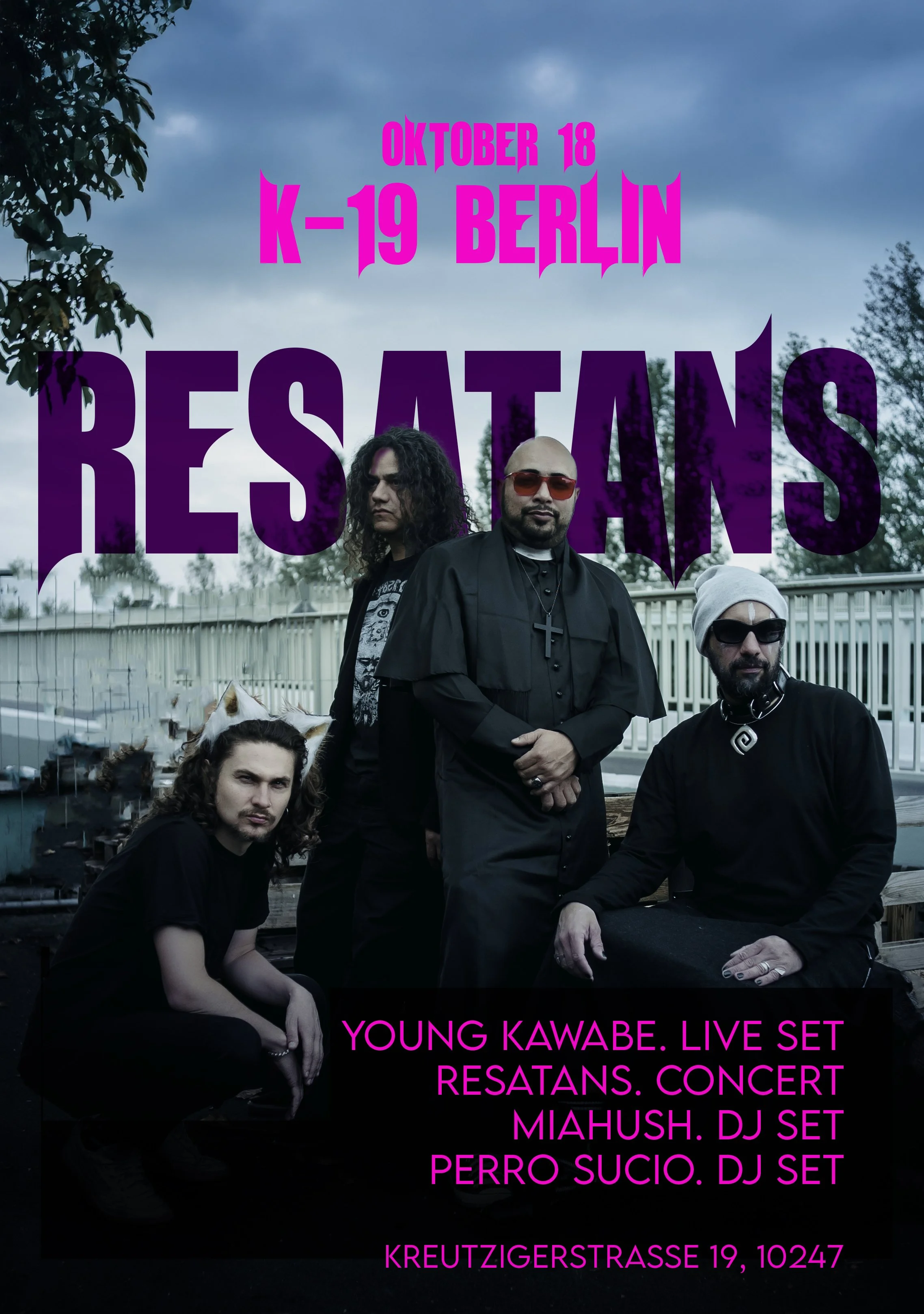 Event poster for a concert featuring the band Resatans, scheduled for October 18 in Berlin, with performances by Young Kawabe, Miahush, and Perro Sucio, taking place at Kreutzigerstrasse 19, 10247.