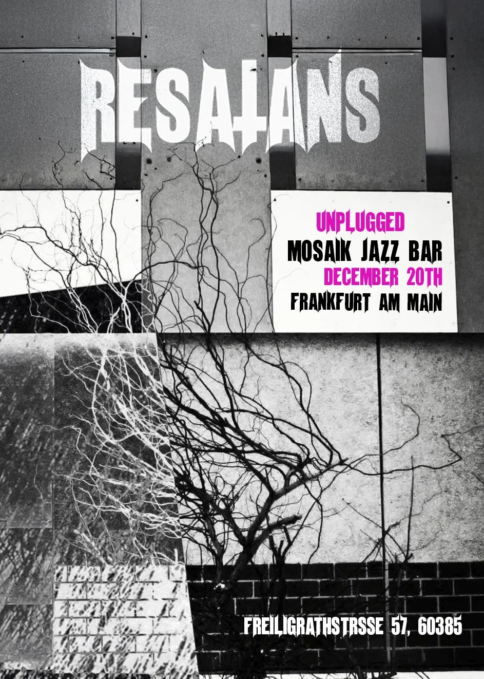 Black and white poster advertising a jazz event called Unplugged Mosaik Jazz Bar on December 20th in Frankfurt am Main, featuring geometric and abstract design elements with some pink and black text.