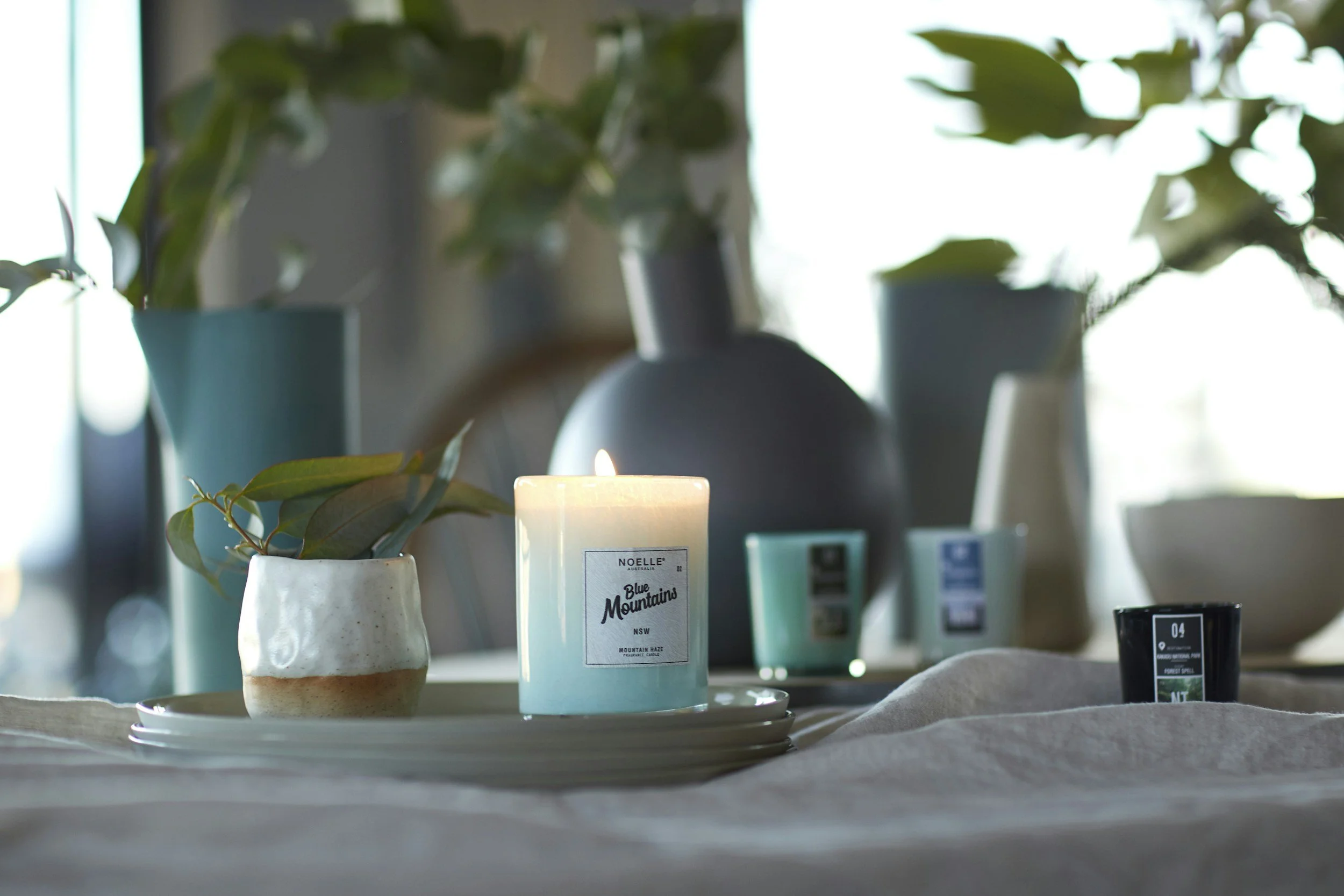 Photo of plants and a candle on a cloth covered table.