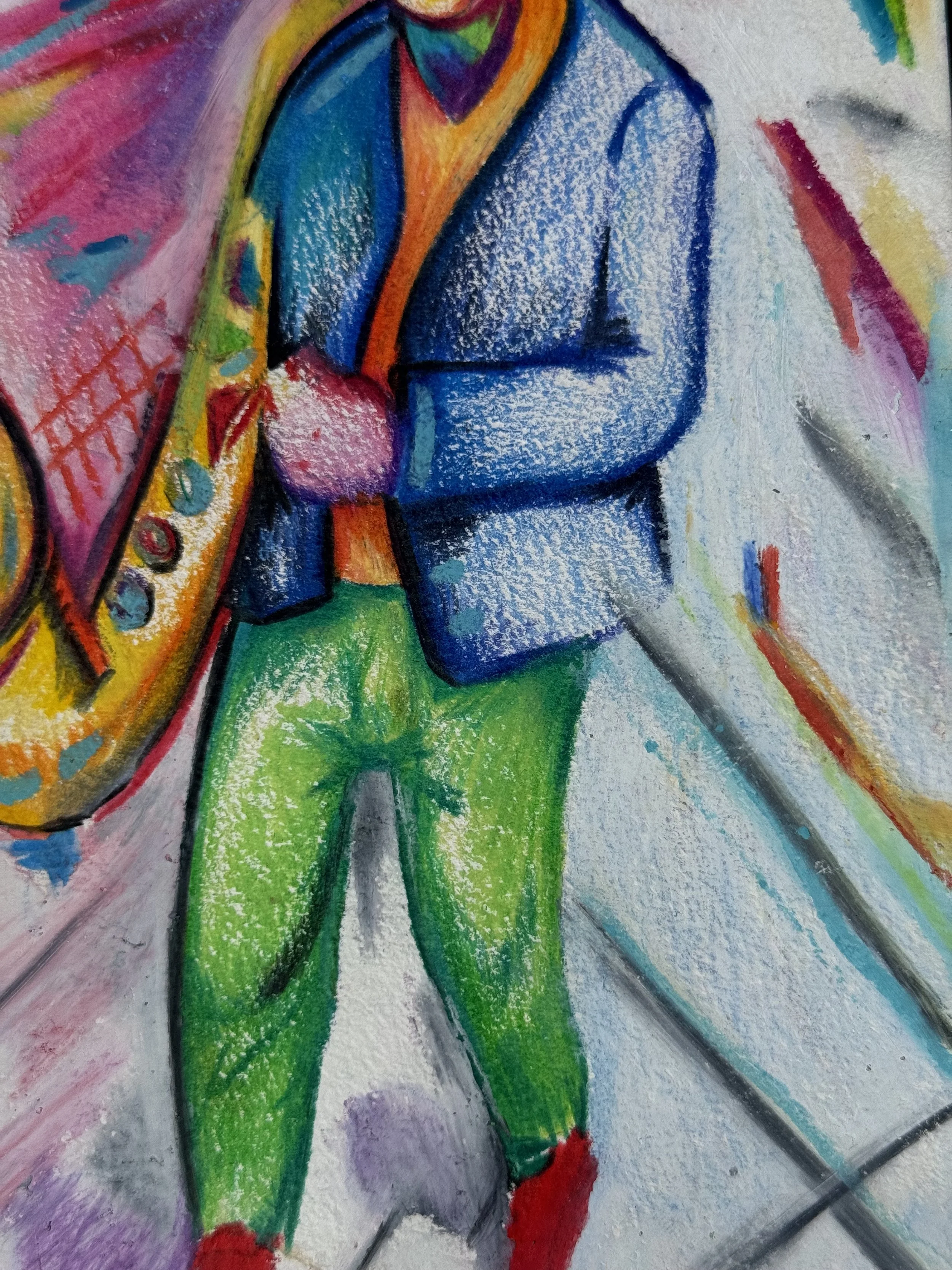 Détail d’un instrument de musique dans une œuvre contemporaine colorée de Crown*