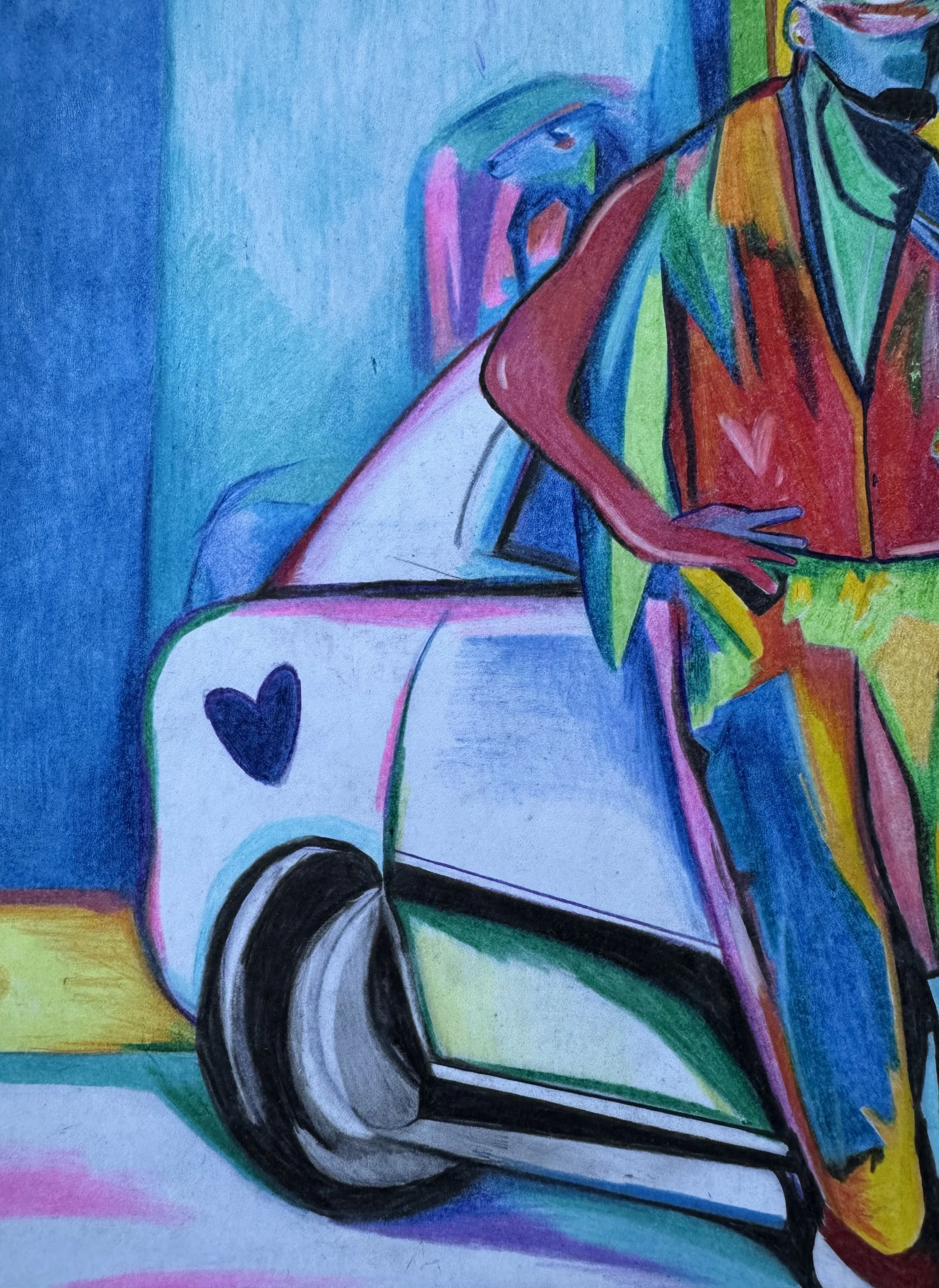 Détail coloré représentant une voiture dans une composition contemporaine par Crown*
