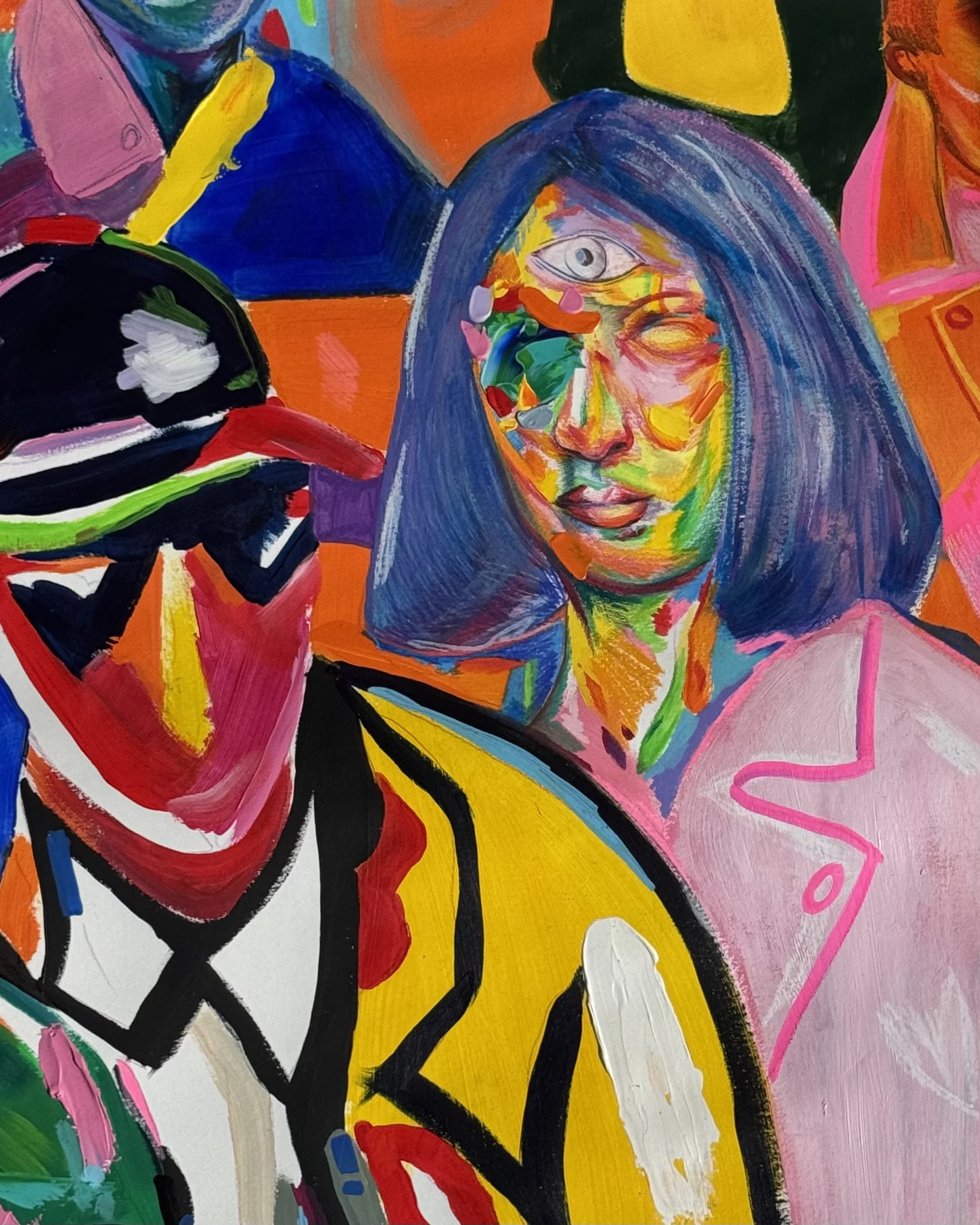 Détail des textures et des visages réalisés aux crayons de couleur d’une œuvre contemporaine bleue de Crown*