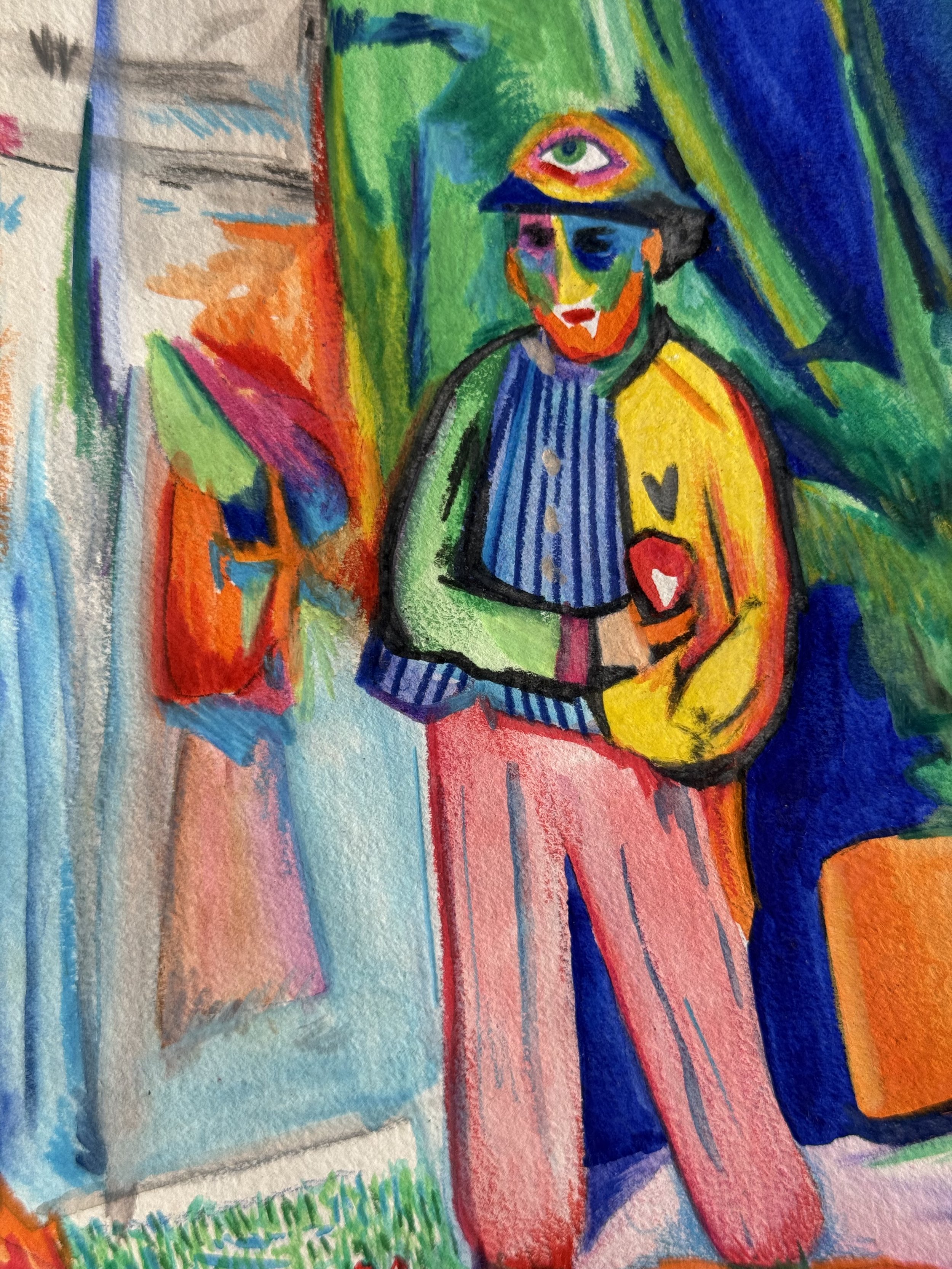 Détail des textures et crayons de couleur d’une œuvre contemporaine de Crown*