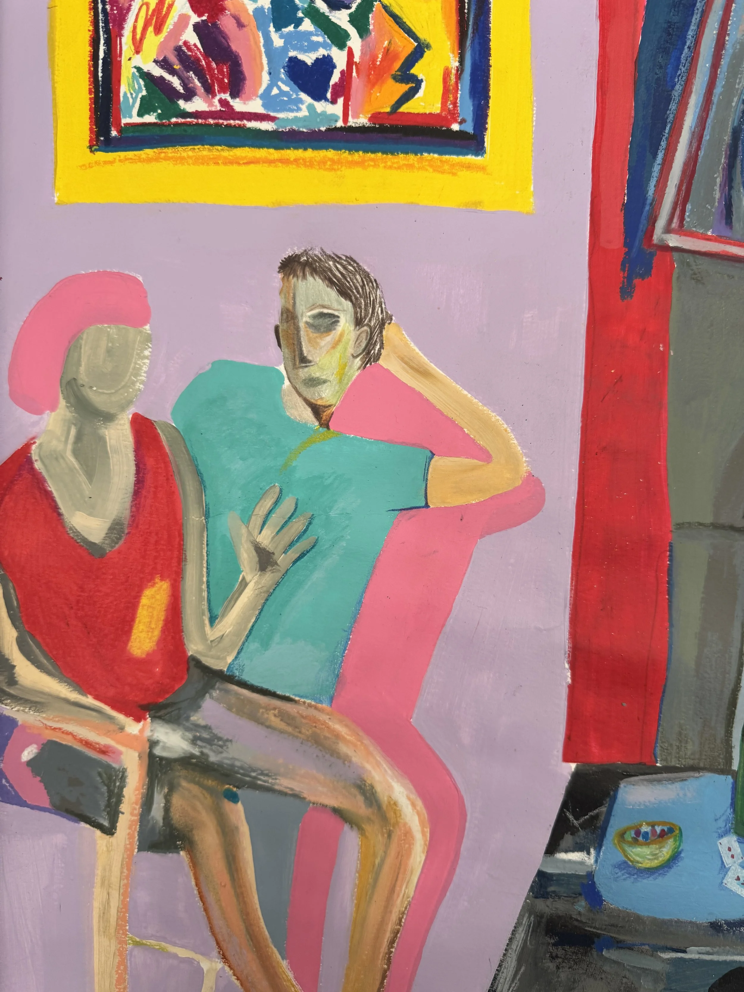 Détail d’un couple en train de discuter, assis sur deux chaises dans une œuvre contemporaine colorée de Crown*
