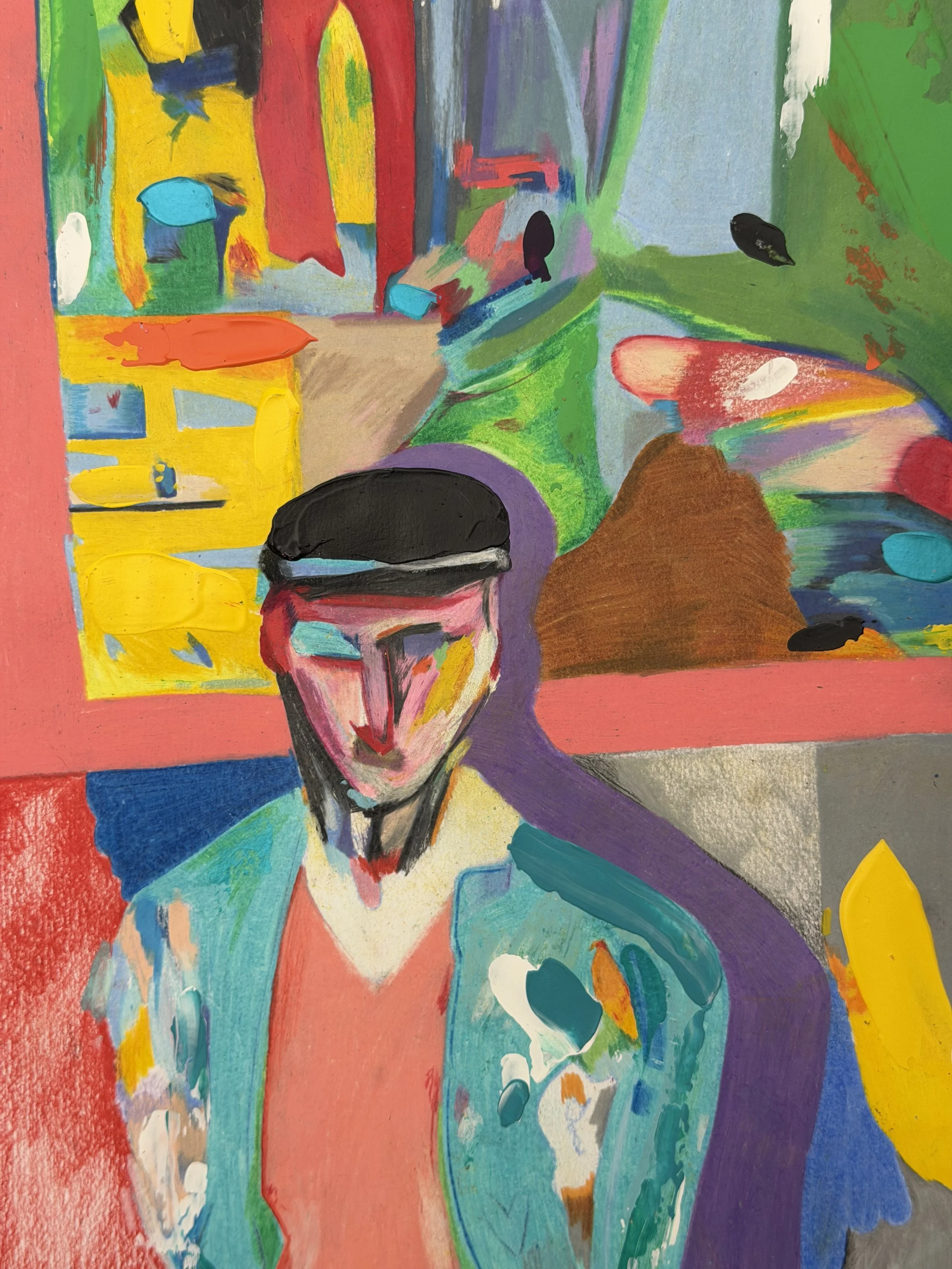 Détail d’un visage expressif dans une œuvre contemporaine colorée de Crown*