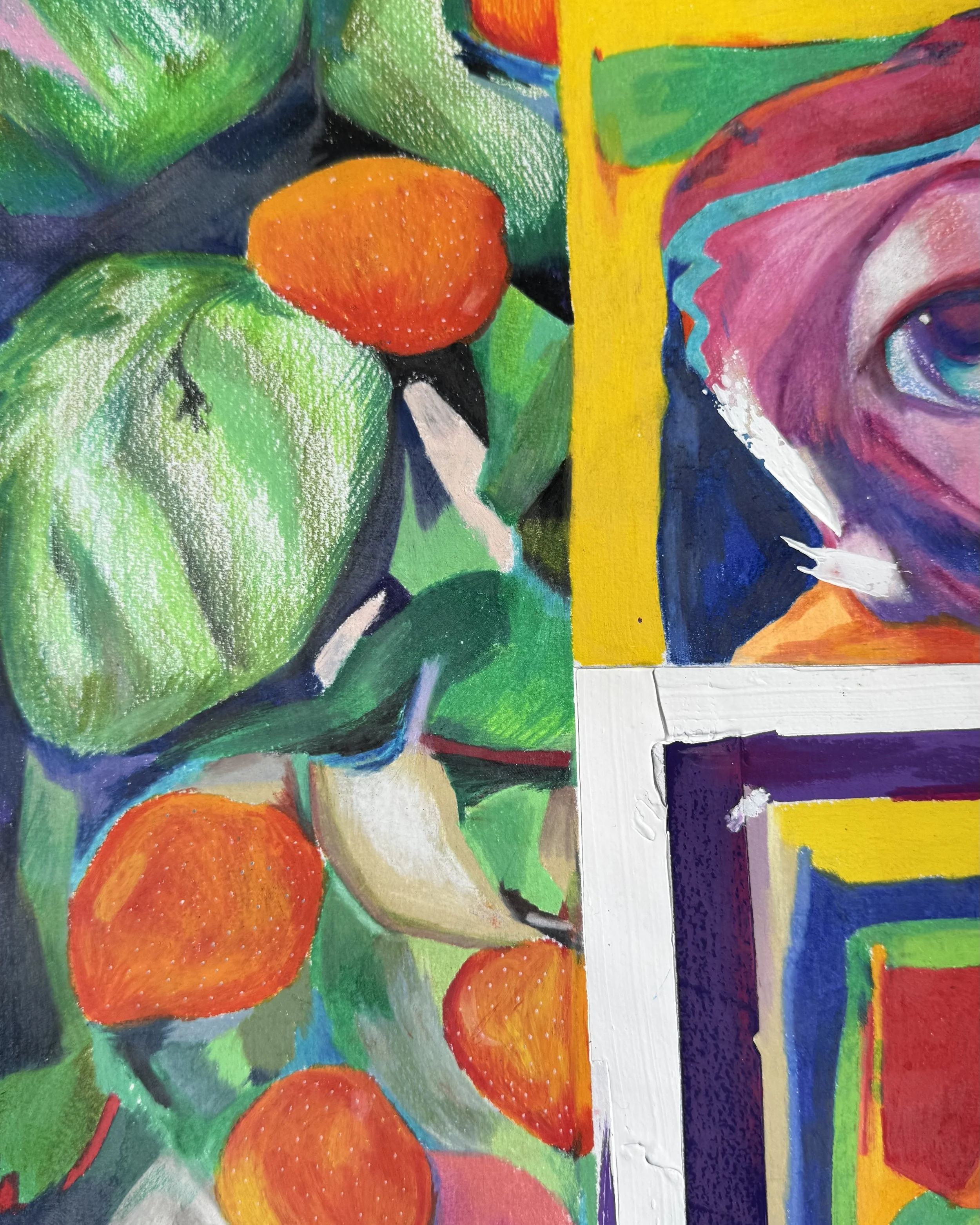 Détail de feuilles et mandarines colorées dans une œuvre contemporaine réalisée par Crown*