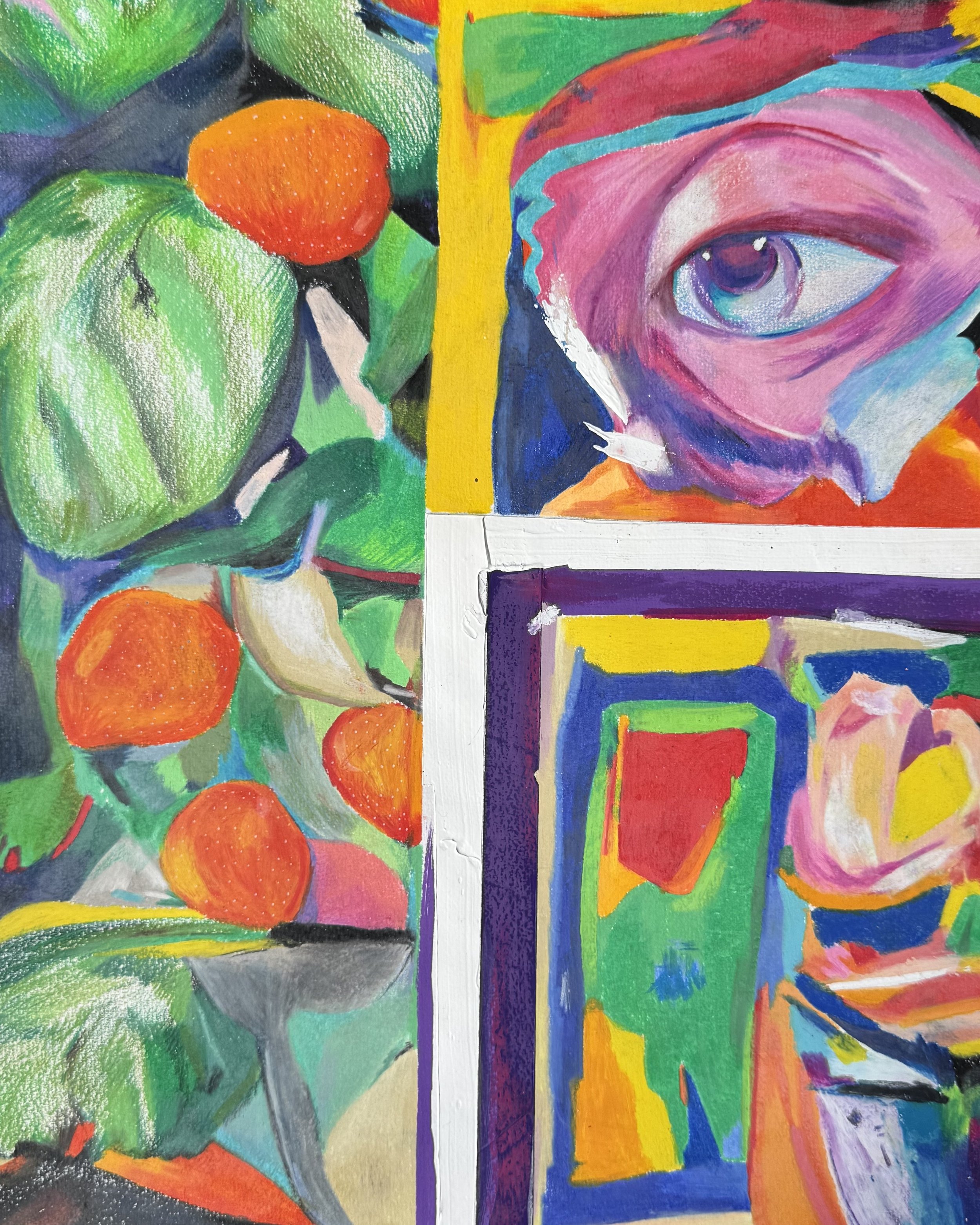 Œuvre contemporaine colorée représentant des fruits et des personnages expressifs par Crown*