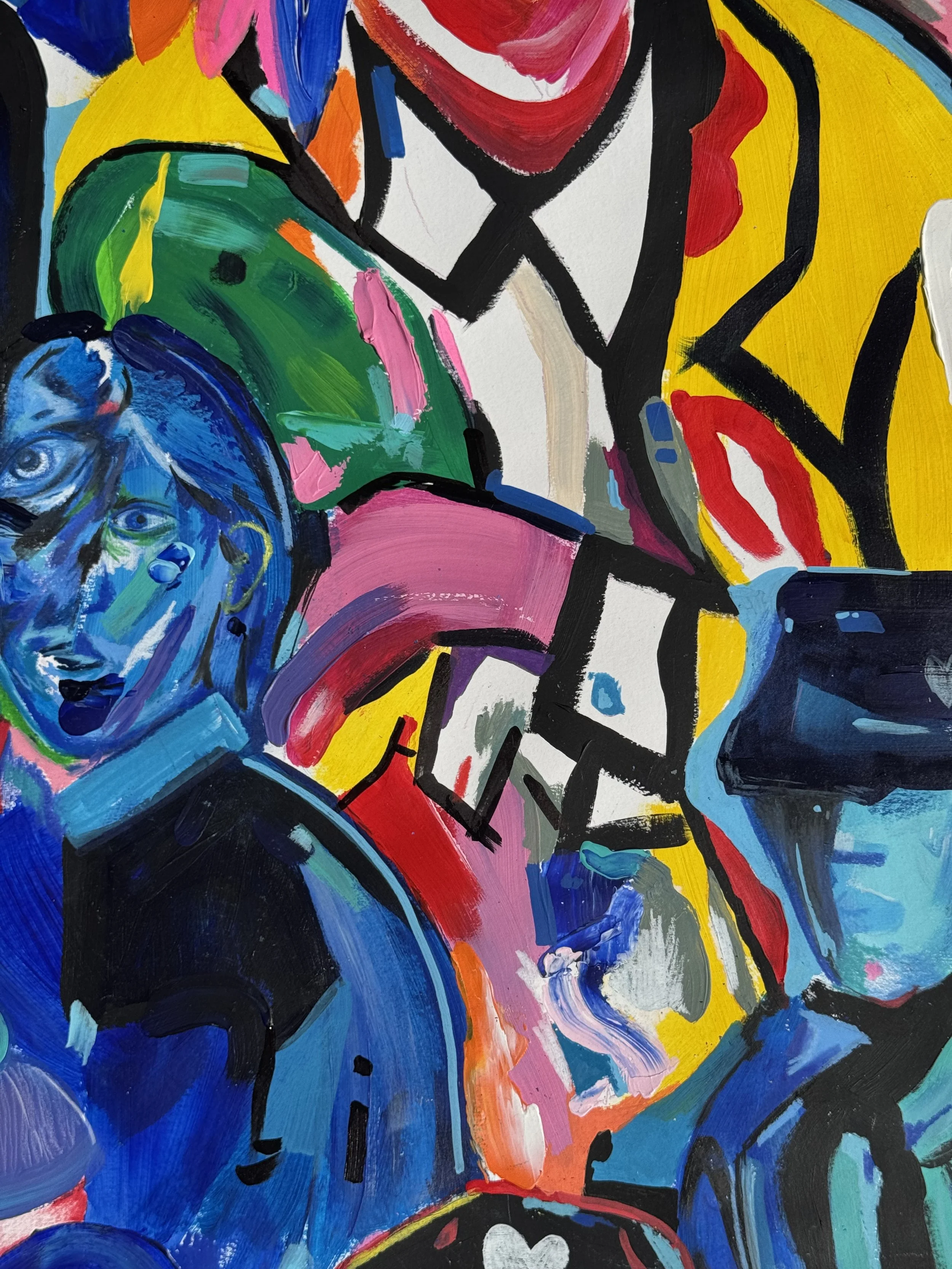 Détail d’un visage expressif bleu ainsi que d'une main rose dans une œuvre contemporaine de Crown*