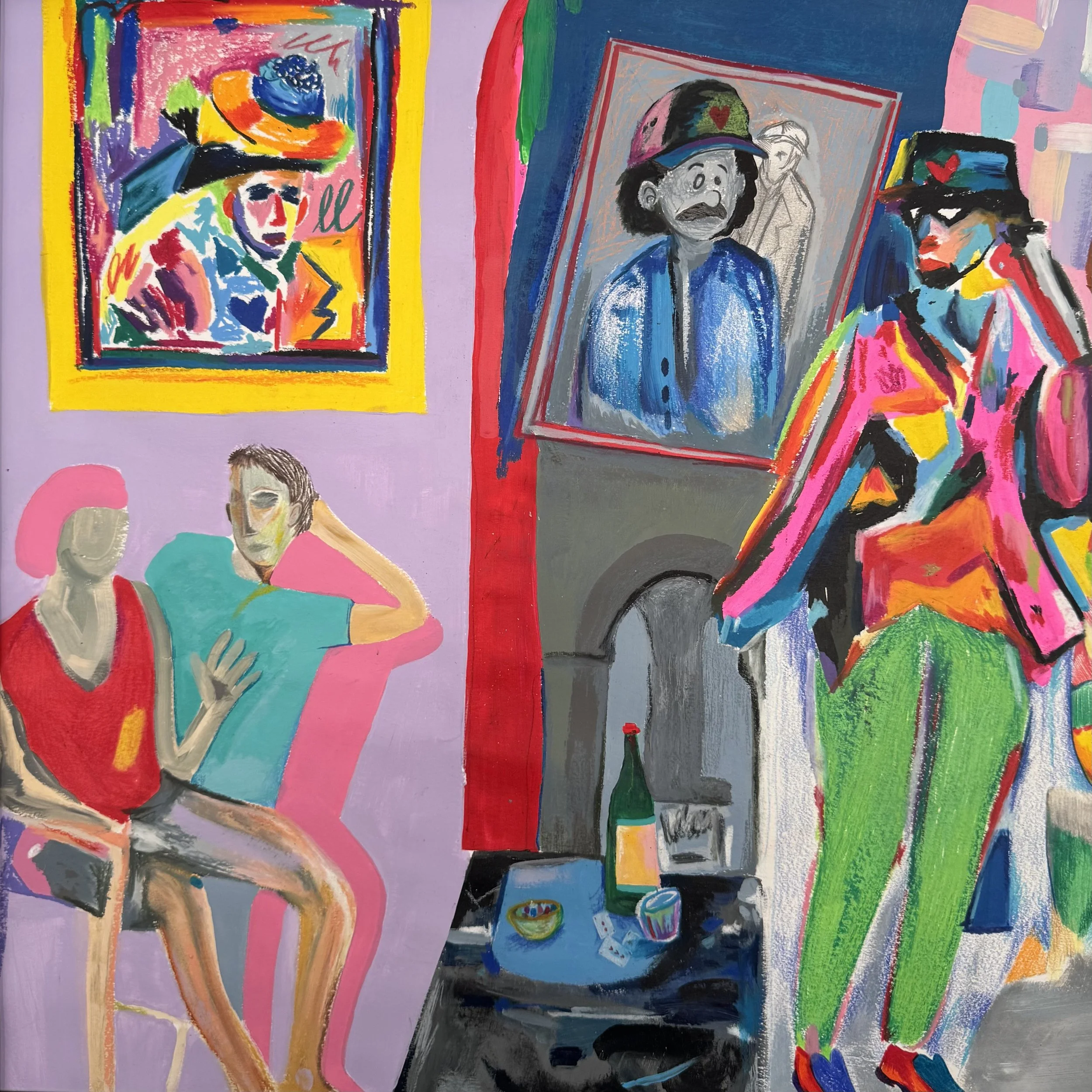 Œuvre contemporaine colorée représentant un personnage seul au milieu d'une soirée festive, réalisée par Crown*