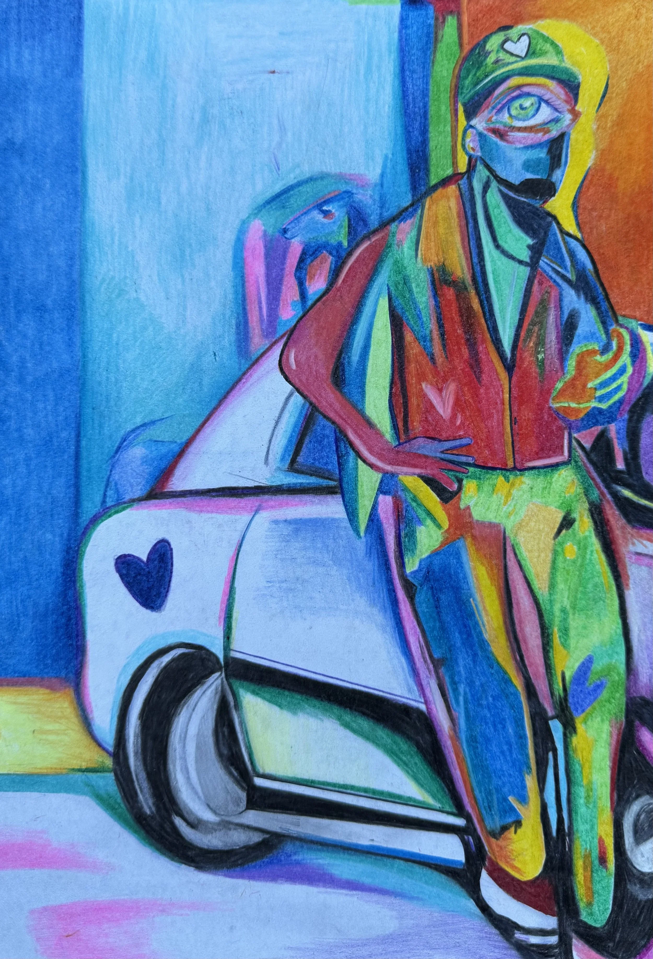 Œuvre contemporaine colorée représentant un personnage expressif devant une voiture par Crown*