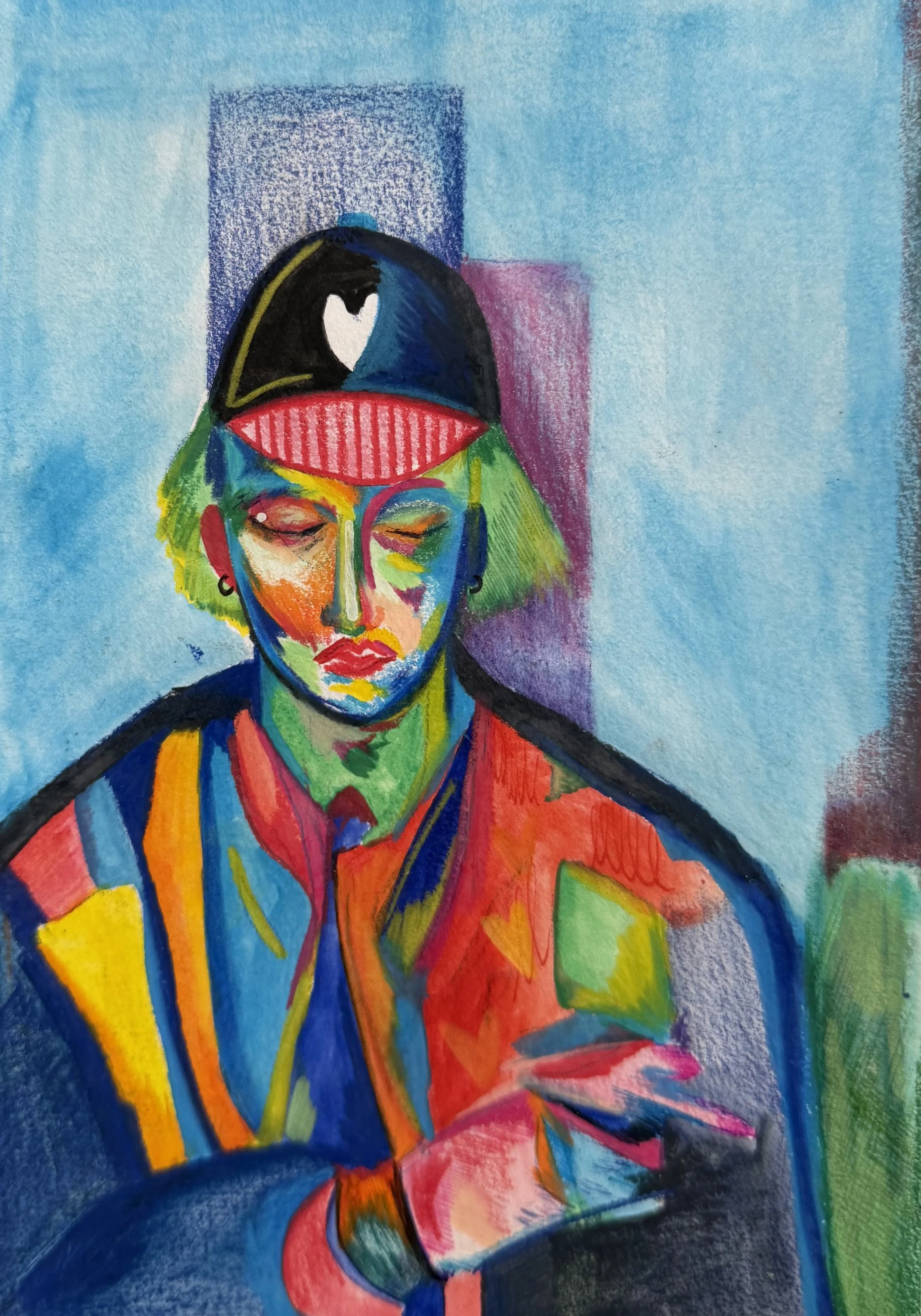 Œuvre contemporaine expressive représentant un personnage coloré fumant une clope réalisée par Crown*