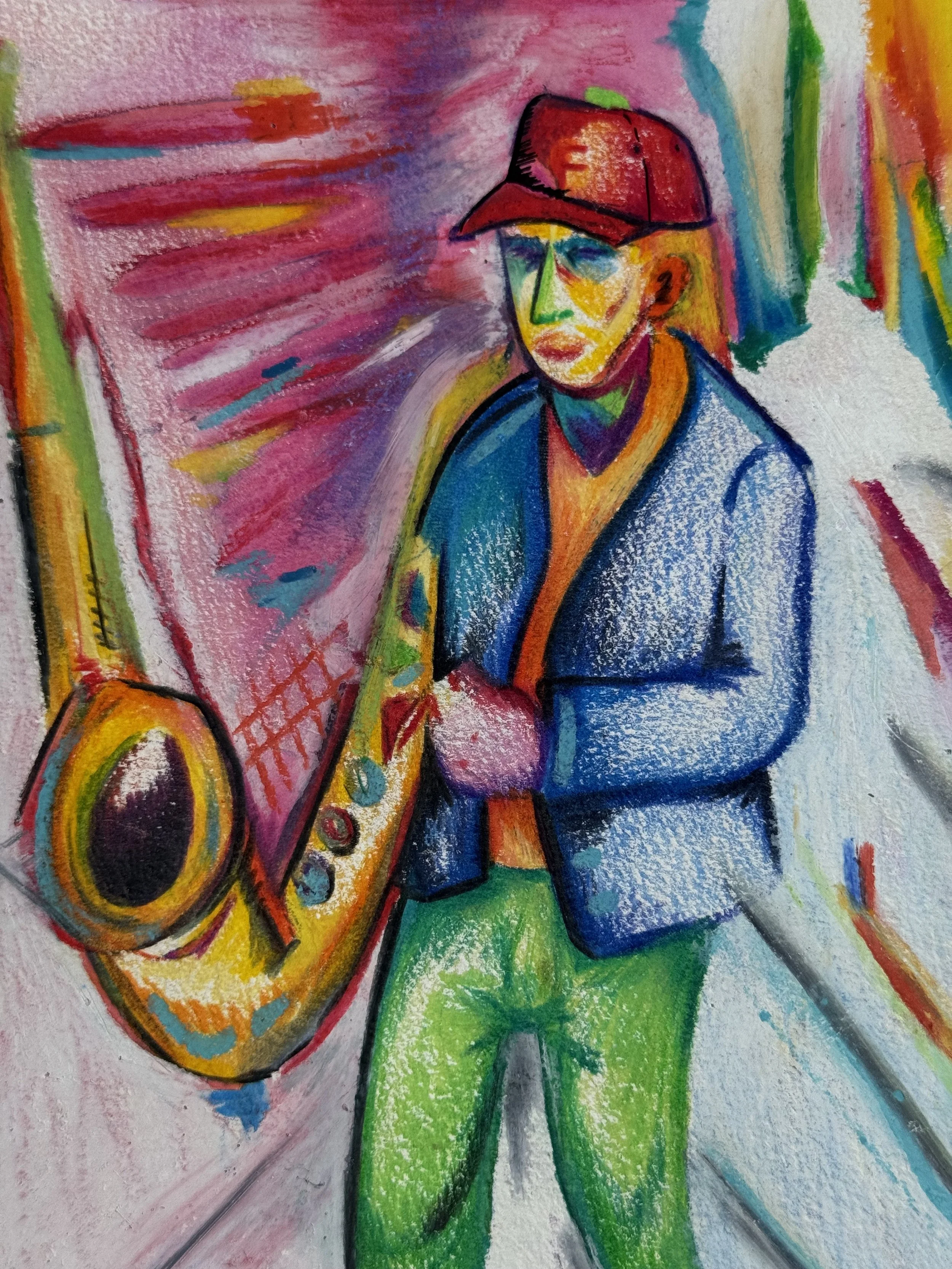 Œuvre contemporaine colorée représentant un musicien de jazz réalisée par Crown*