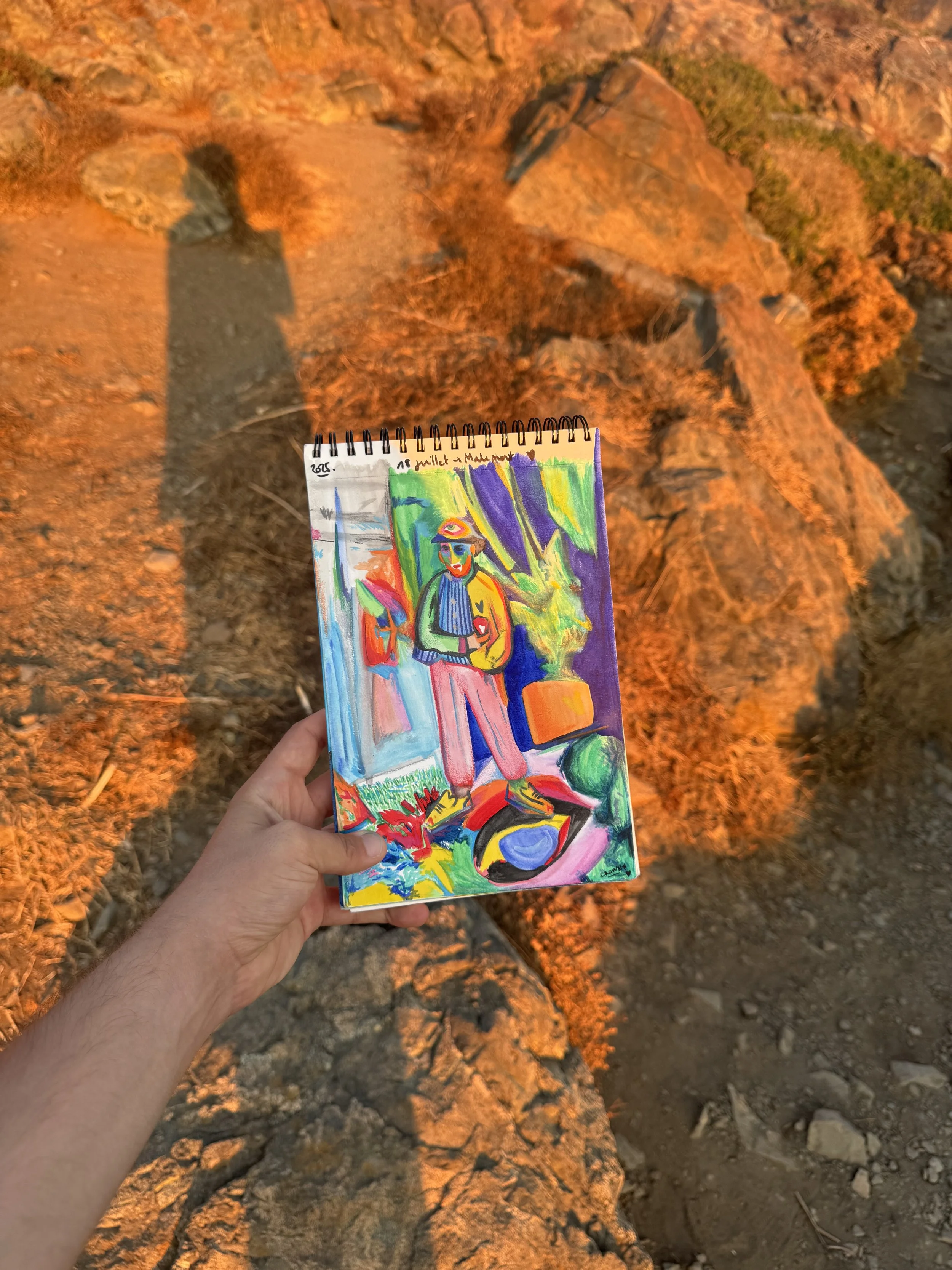 Œuvre contemporaine colorée de Crown* présentée dans la main de l’artiste devant une falaise Corse
