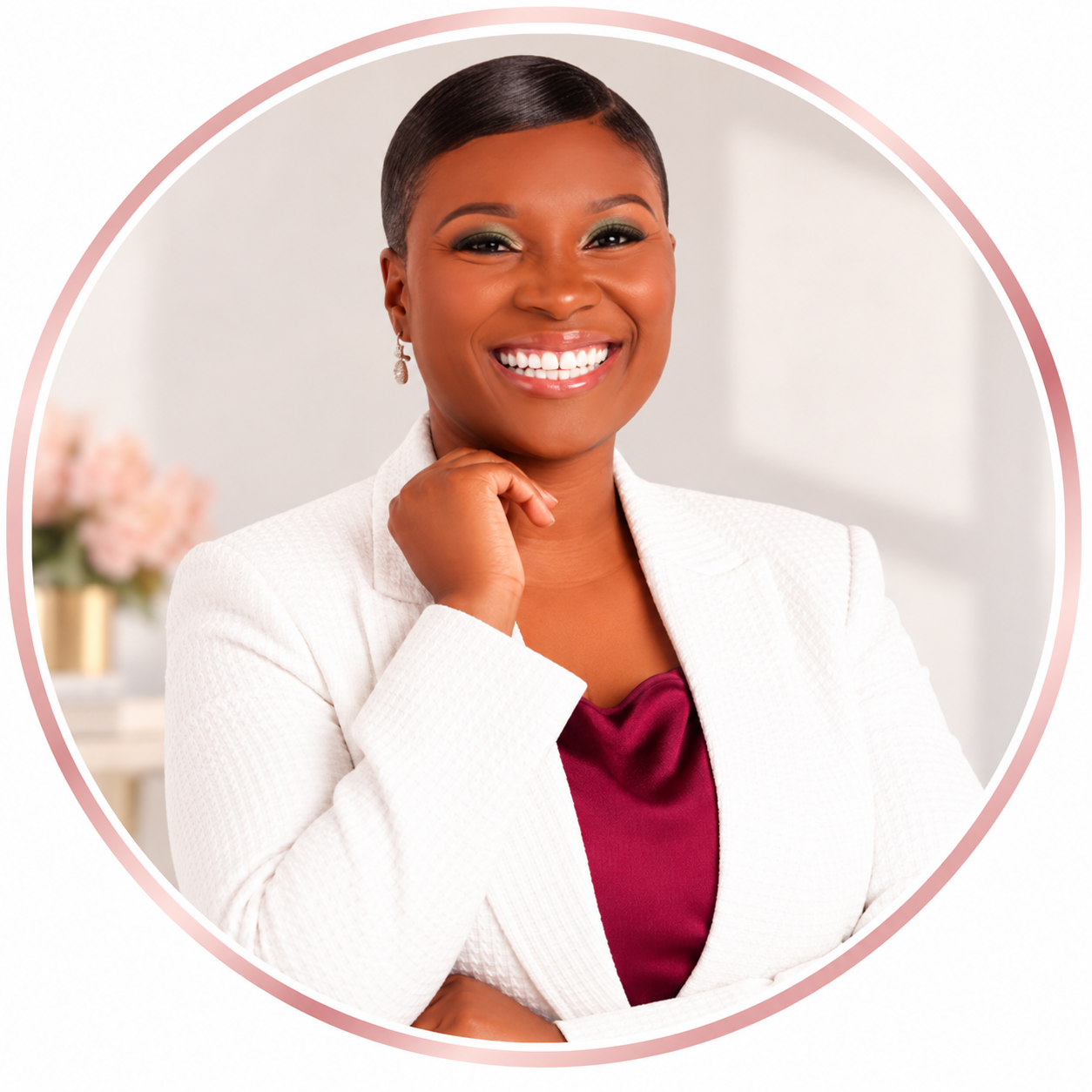 A smiling Black woman with short hair, wearing a white blazer and a burgundy top, posing confidently indoors.