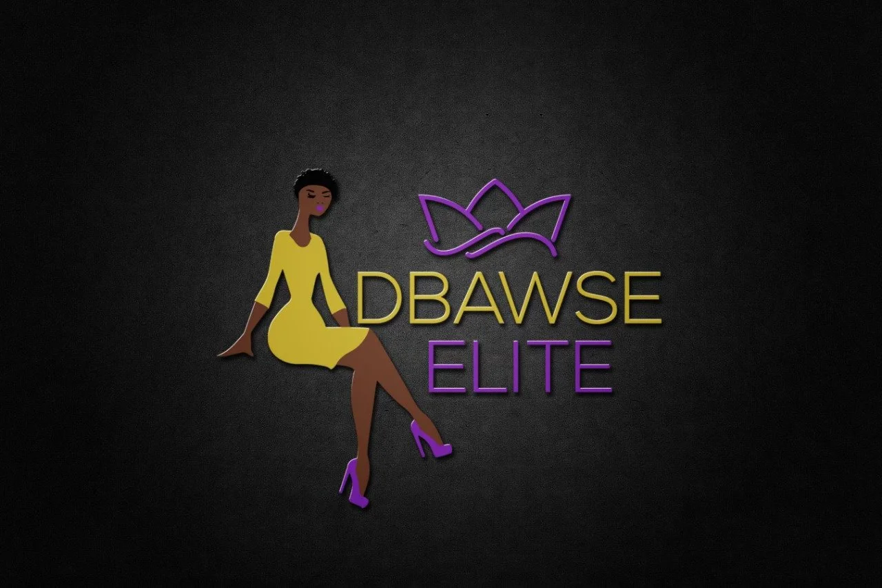 Neon sign with a stylized woman in a yellow dress and purple high heels sitting next to the text 'DBAWSE ELITE' with a purple floral design above.