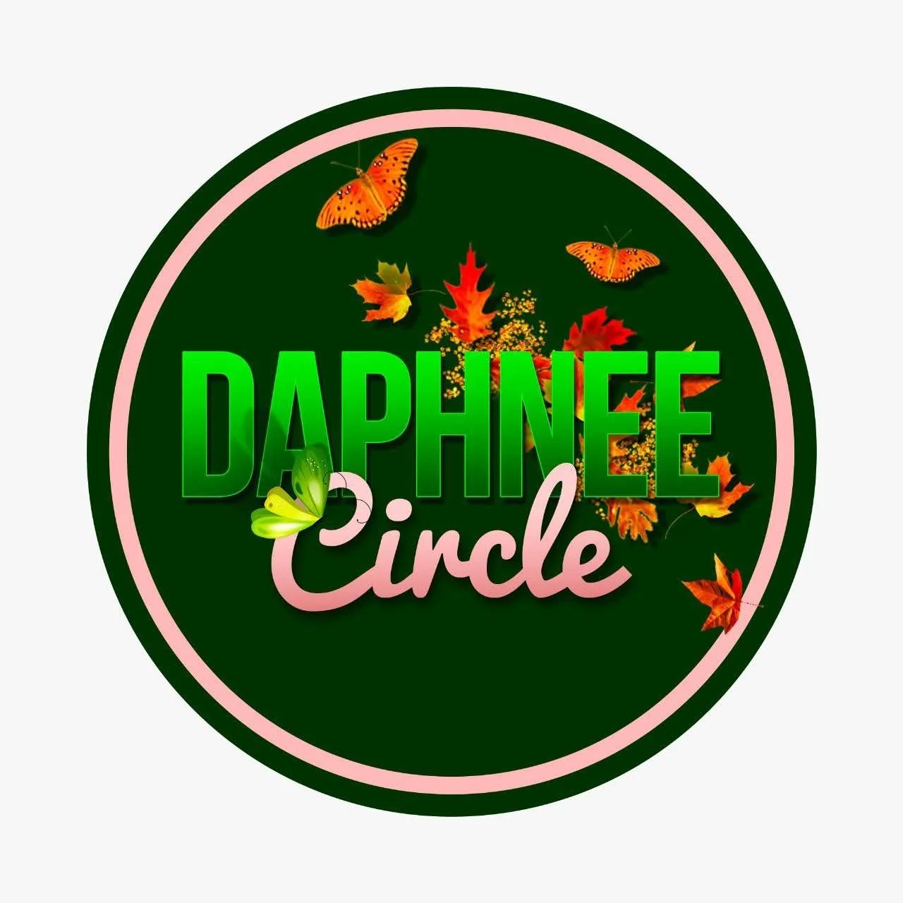 A circular logo with green and pink borders, featuring the text 'DAPHNEE' in bold green letters and 'Circle' in pink cursive, surrounded by autumn leaves, butterflies, and a green butterfly icon in a nature-themed design.