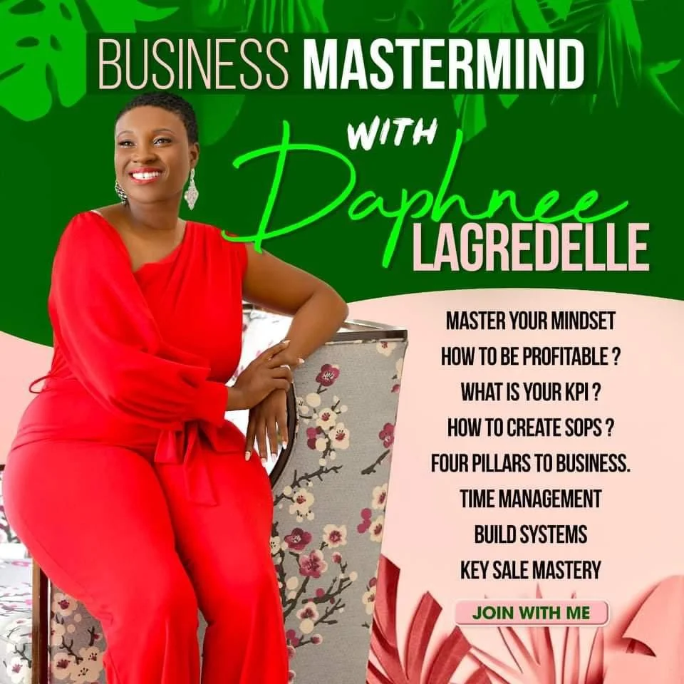 Woman in a red outfit sitting on a floral chair, promoting a business masterclass with Daphne Lagredelle, featuring topics like mindset, profitability, KPI, SOPs, time management, system building, sales mastery, and a call to action to join.