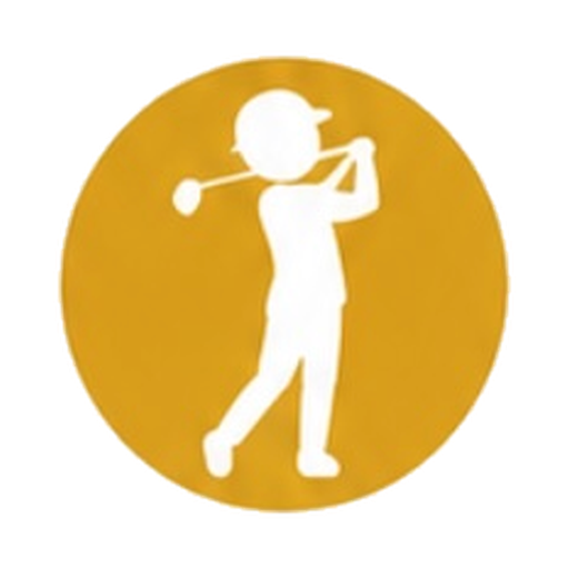Icon of a young boy in a baseball helmet swinging a golf club on a yellow circular background.