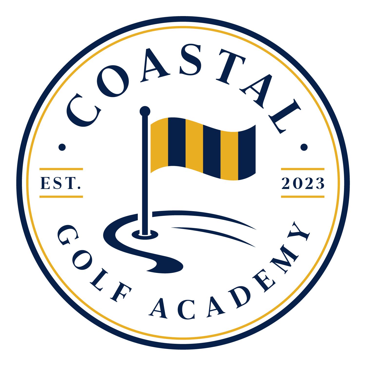 A circular logo with a navy blue and yellow color scheme featuring a golf flag and map, with the words 'G Coast Golf Academy', 'EST. 2023'.