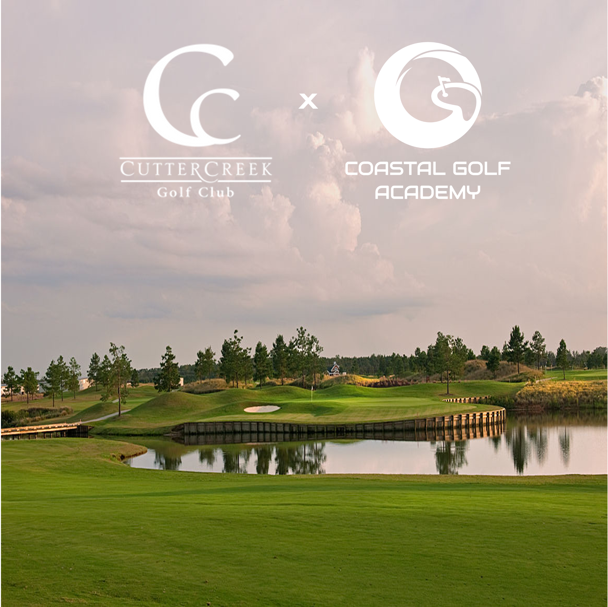 Golf course landscape with Cutter Creek Golf Club and Coastal Golf Academy logos overlaid on a cloudy sky background.