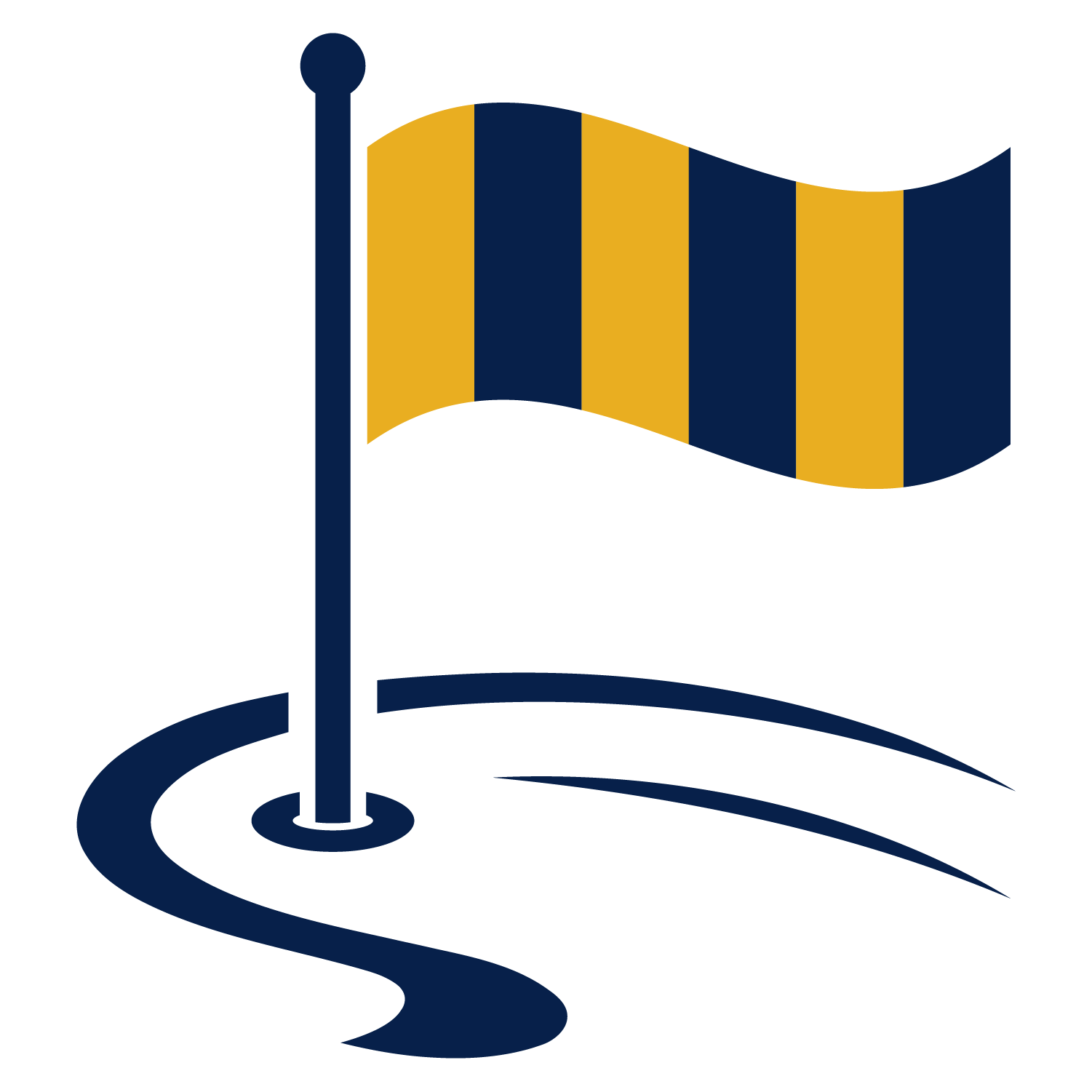 A stylized illustration of a golf flag and a golf course with a winding path.