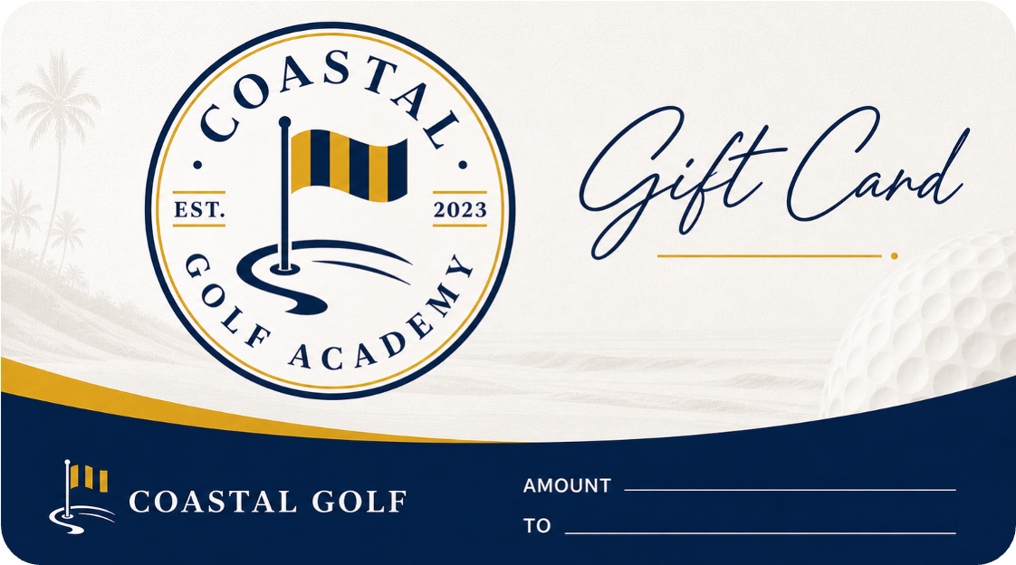 A gift card for Coastal Golf and Golf Academy with a golf course and golf ball in the background. The card features a logo with a golf flag and the text "Coastal Golf" and "Golf Academy," established in 2023. The design is in navy, gold, and white colors.