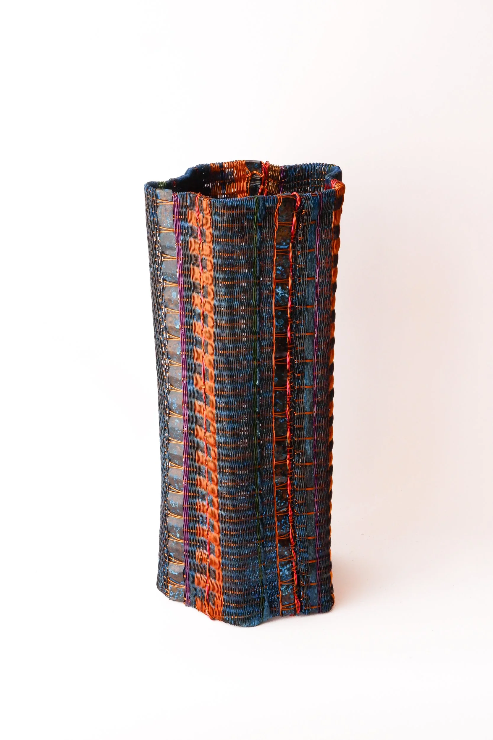 Vessel 117  12x33cm/5x13"   woven copper wire and copper strip, patina