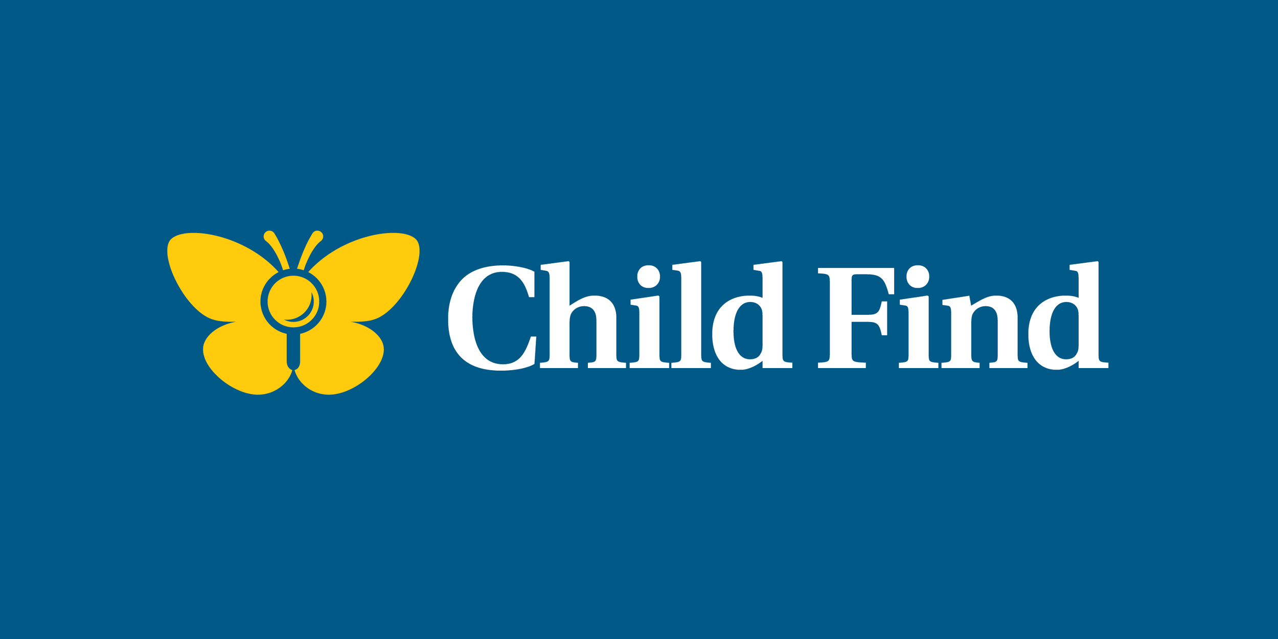 Child Find logo - icon of a magnifying glass in the negative space of a yellow butterfly, next to a white serif logotype