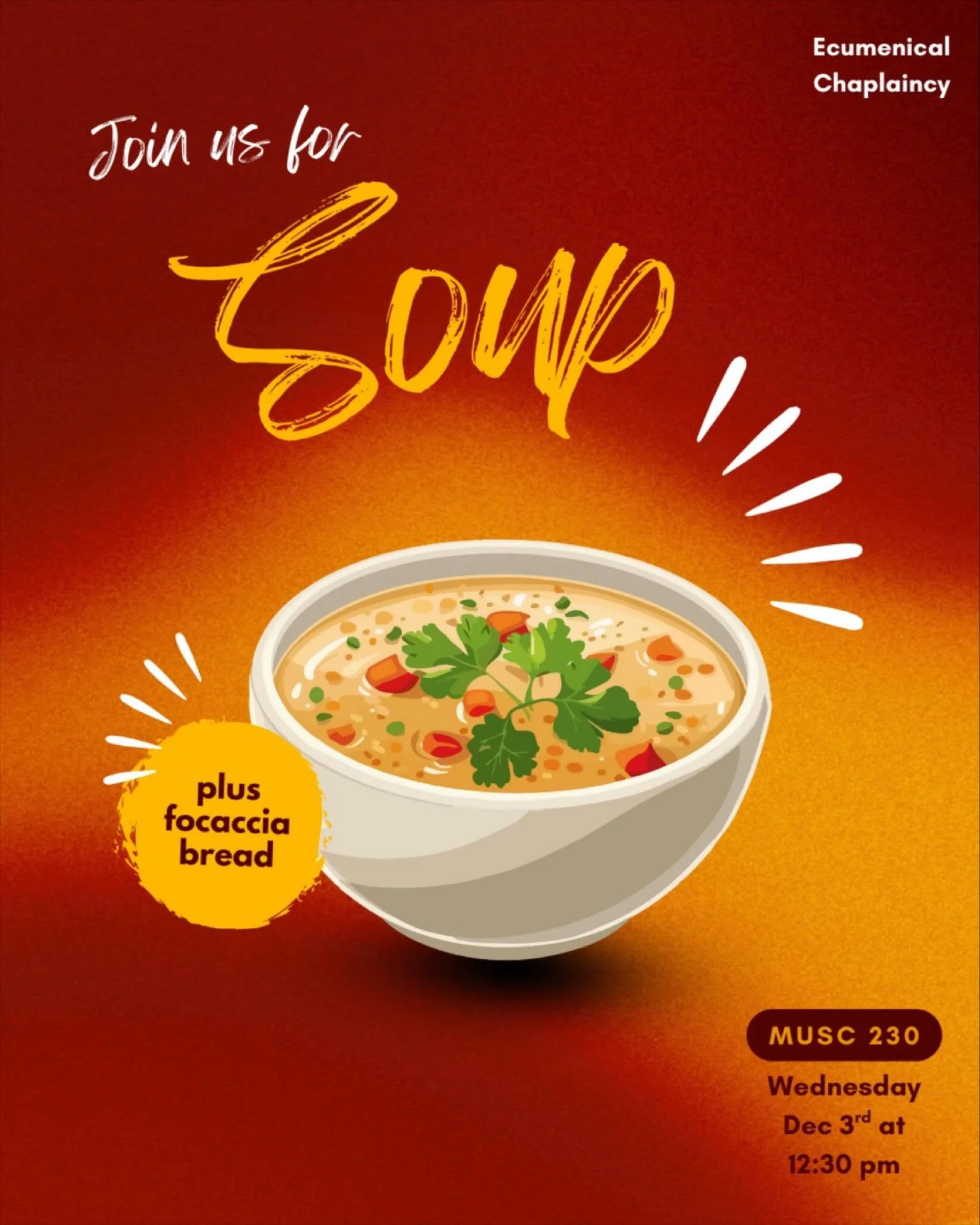 Final Soup Wednesday of the semester 🥲 Flavour is Thai Coconut &amp; Carrot! 
Note that soup is at 12:30pm this week. See you then!